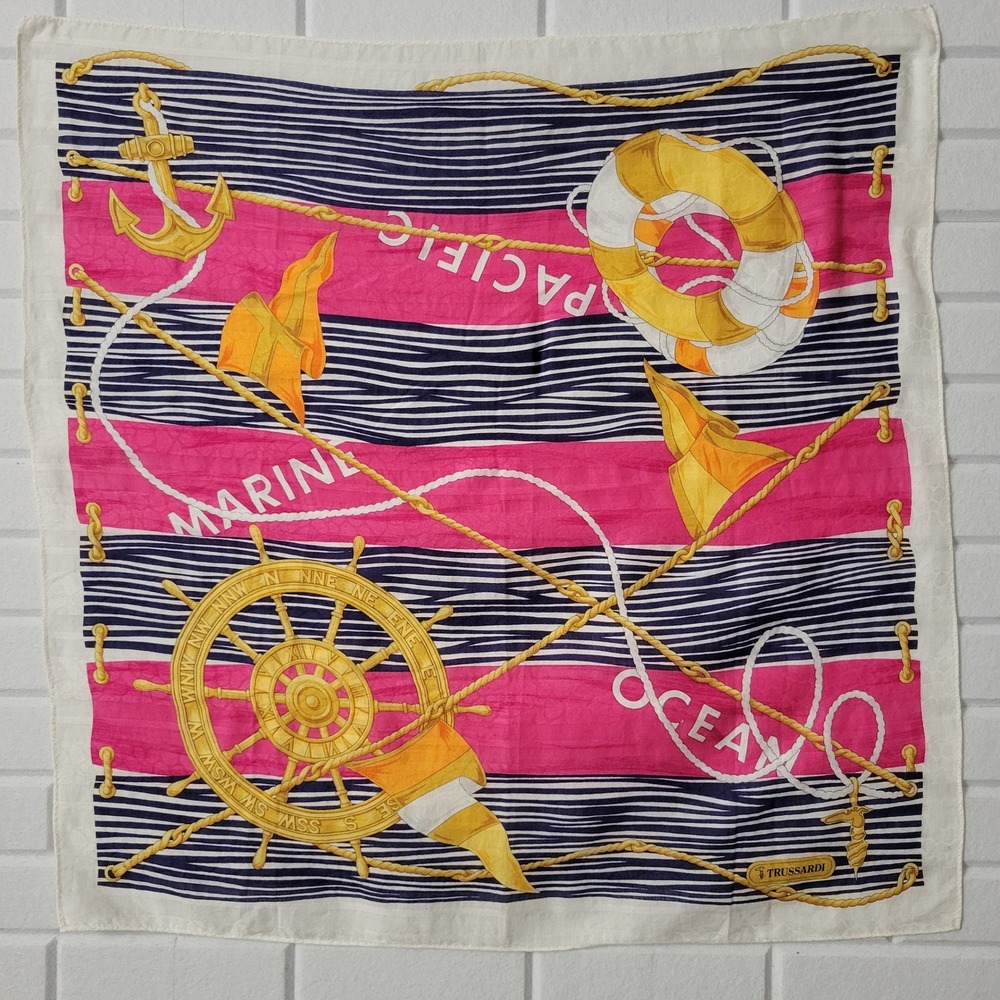 Vintage Trussardi Nautical Cotton Bandana Scarf OS Pink Navy Anchor Italy